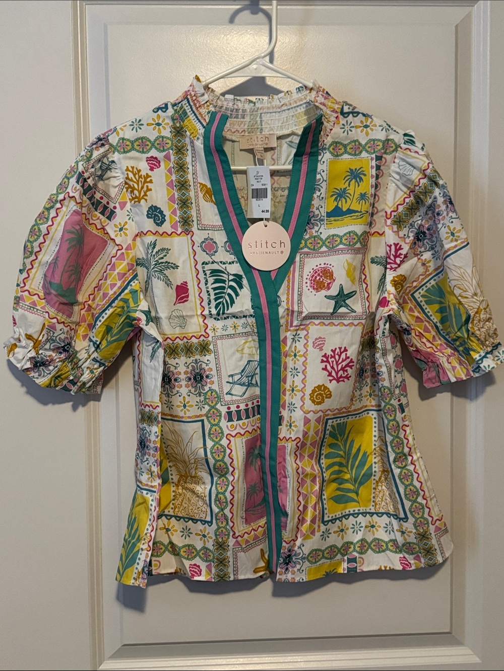 Chenault White Multicolor Tropical Patchwork Blouse